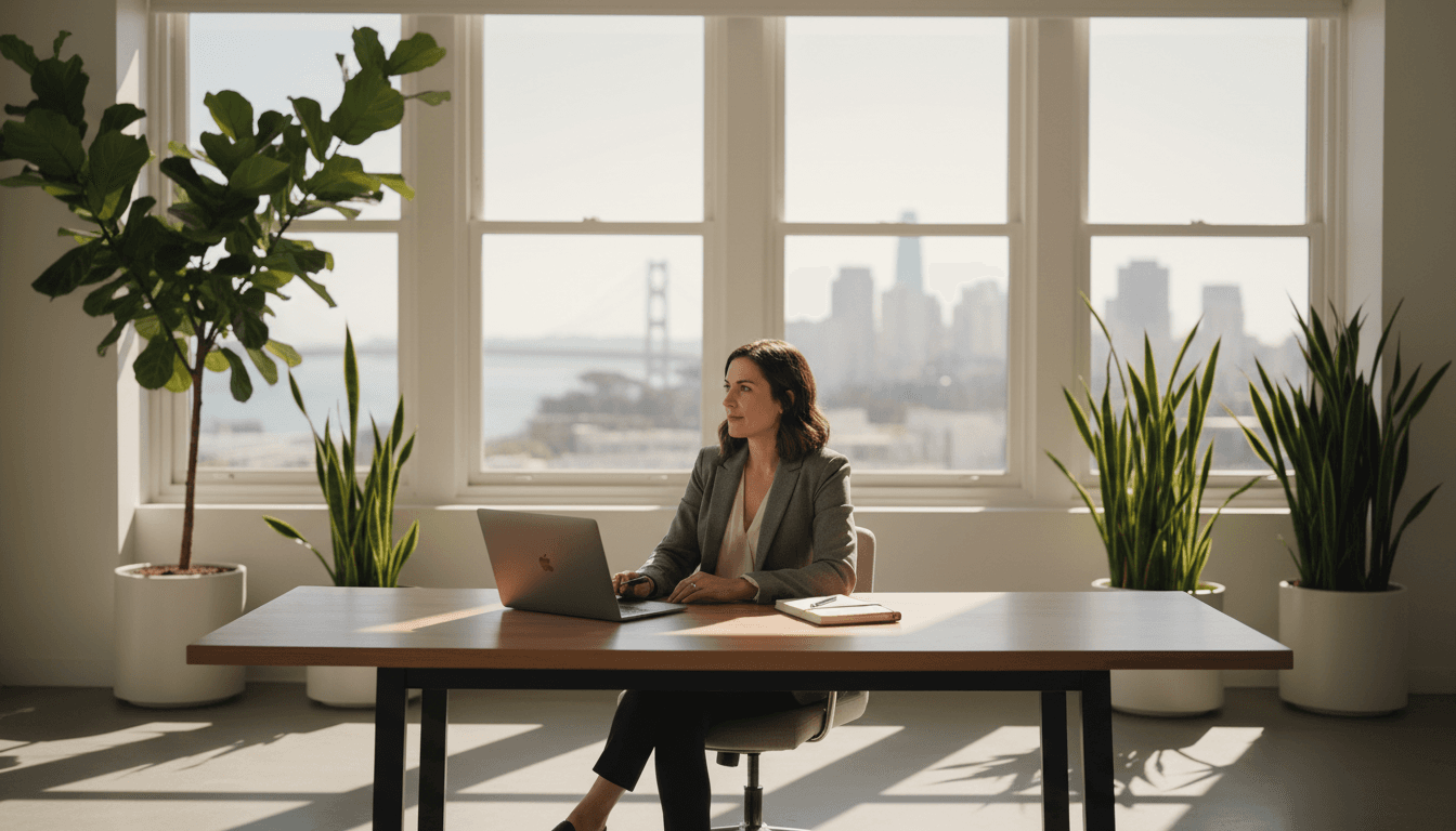 Professional sitting at desk in bright office space, working on personal brand strategy
