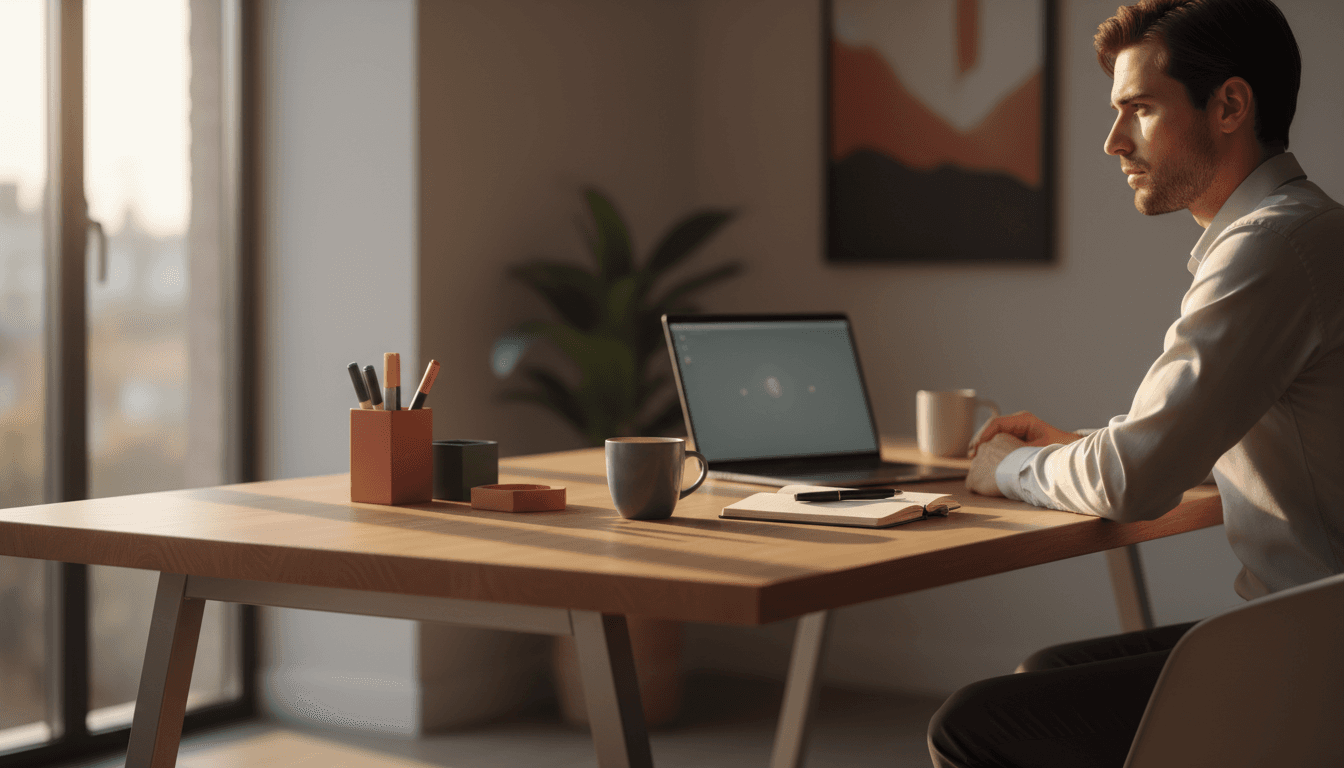 Tech professional working at a modern desk with morning light