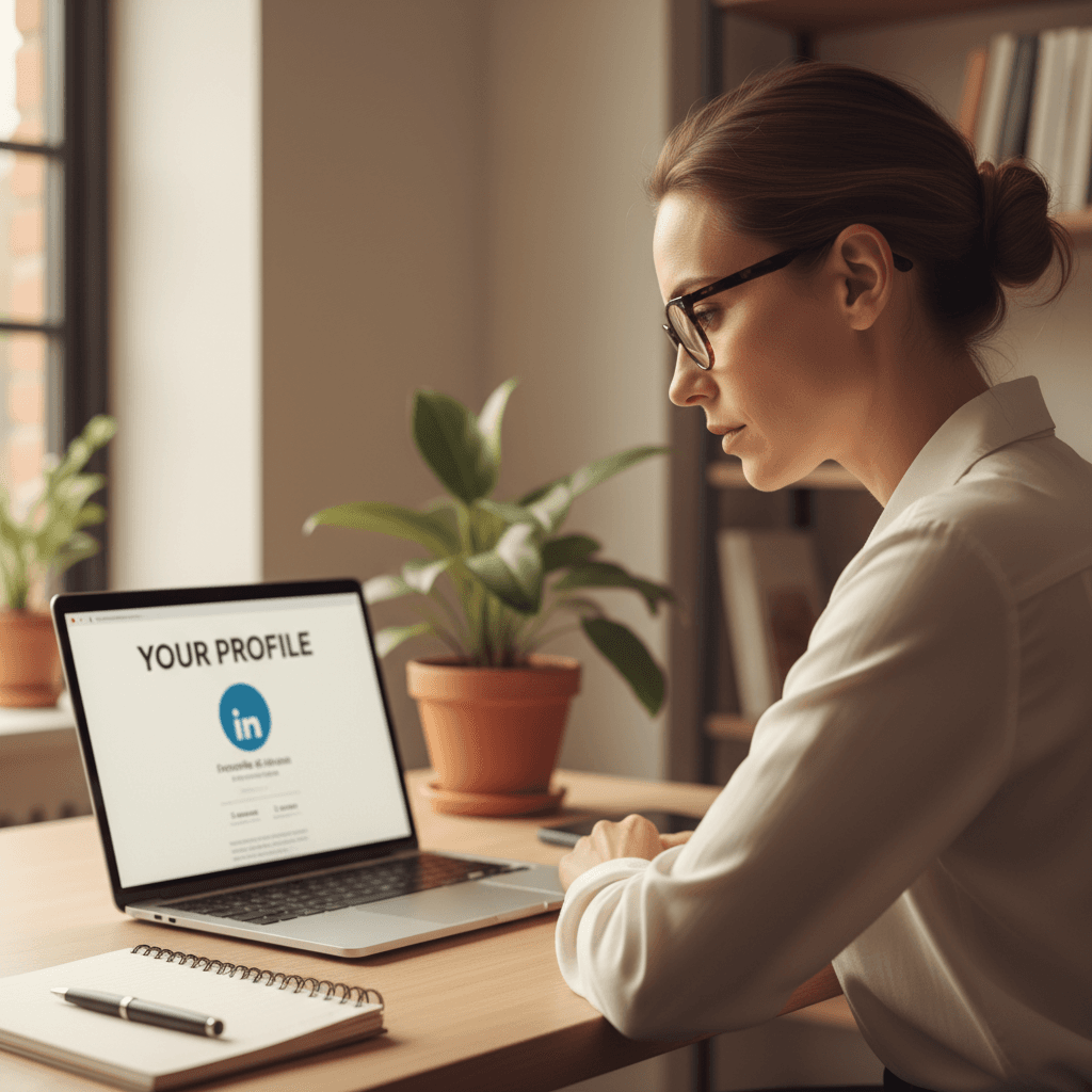 Professional reviewing and optimizing their LinkedIn profile